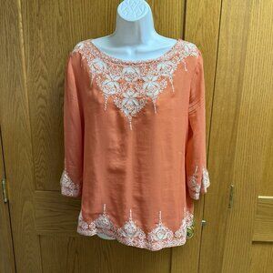 Ritu Kumar Label Peach Floral Embroidered Top - Size 2
